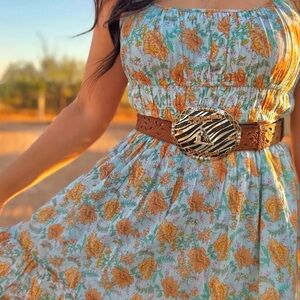Rock & Roll Dress in Light Blue with Golden Floral Print